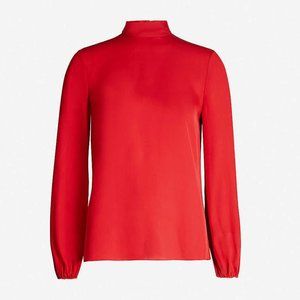 $335. THEORY Silk Mock Neck Blouse in Crimson Red